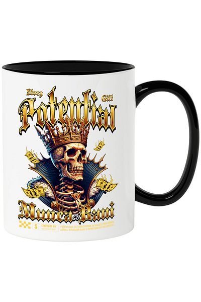 StoryGift Romania Skull and Crown Mug - Potential, Work and Money, 330ml, Ceramic with Black Handle, With ,STG