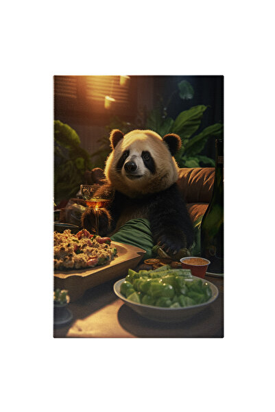 StoryGift Romania Tablou Canvas: Ursul Panda La Restaurant Chinezesc Mancand Orez Cu Un Pahar De Vin Pe Un Fotol