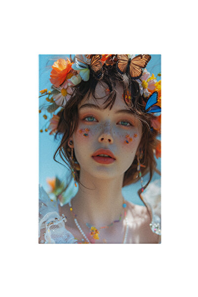 StoryGift Romania Tablou Canvas Inocenta Fata Cu Ochii Verde Smarald Cu Fluturi Si Floricele In Par Cu Cercei Si