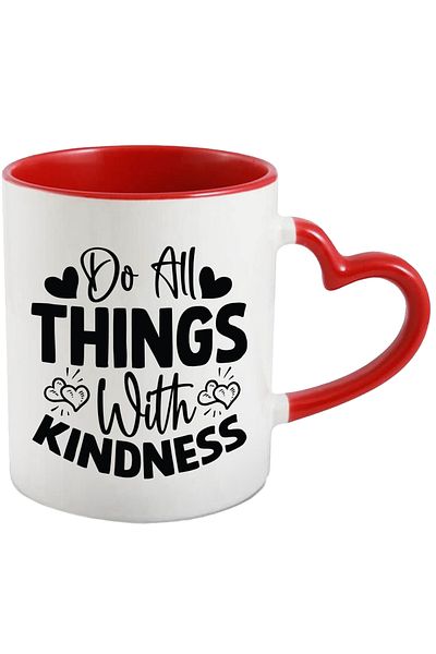 StoryGift Romania Mug with hearts and the message "Do all things with kindness" with Red Heart Handle, With ,STG