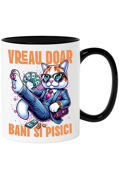 StoryGift Romania Mug with Cat in Office Suit with Money Banknotes Text I Only Want Money and Cats, With,STG