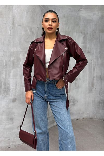 mypagebutik Double Breasted Collar Belted Women's Faux Leather Jacket