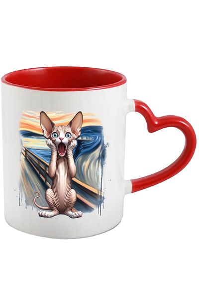 StoryGift Romania Mug with scared/amazed sphynx cat, holding hands in front of her, illustration, p, With ,STG.