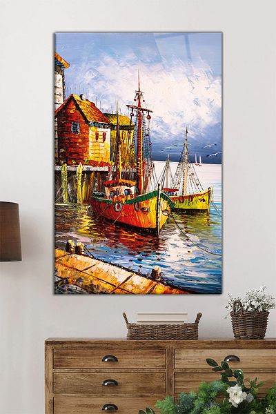 Rosyvien Tablou de sticlă verticală Limanda Boats, decor de perete pentru casă și birou, cadou de lux, anti-zgârieturi