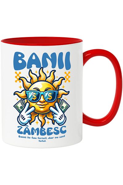 StoryGift Romania Sun Mug with Glasses Money is Not Everything, 330ml, Ceramic with Red Handle, With Ro Handle, STG