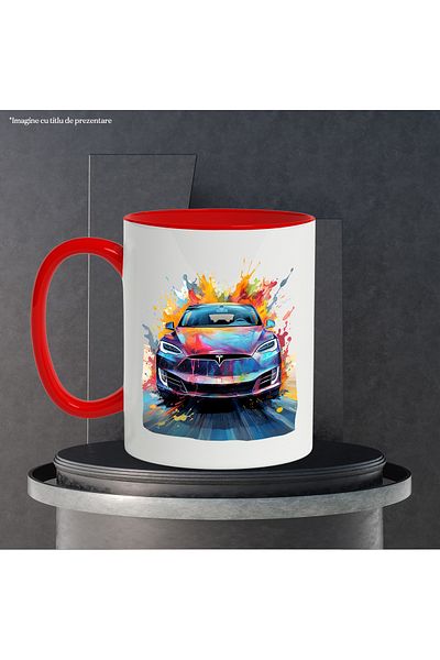 StoryGift Romania Mug With Car, Brand, Tesla, Road, Speed, Paint, Multicolor 330 ml, Ceramic, With ,STG