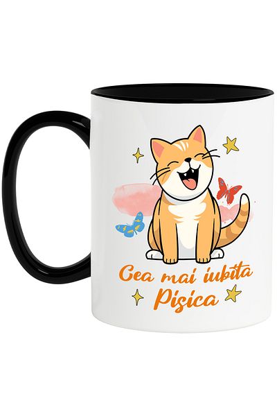 StoryGift Romania The most beloved orange kitty mug, butterflies, 330ml, Ceramic with Black Handle, With,STG