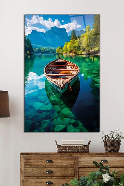 Rosyvien Lake Kayak Landscape Vertical Glass Painting, Διακόσμηση τοίχου σπιτιού και γραφείου, πολυτελές δώρο, αντιθραυστικό και αντιχαρακτική