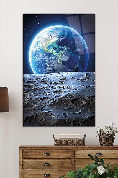 Rosyvien Peisaj de la Lună la Pământ, pictură verticală pe sticlă, decor de perete pentru casă și birou, cadou de lux, rezistent la spargere, anti-zgârieturi
