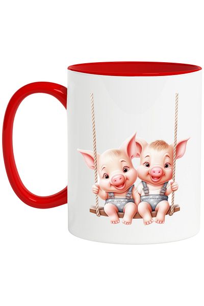 StoryGift Romania Mug with 2 piglets swinging | illustration | playmates | bu, Cu,STG