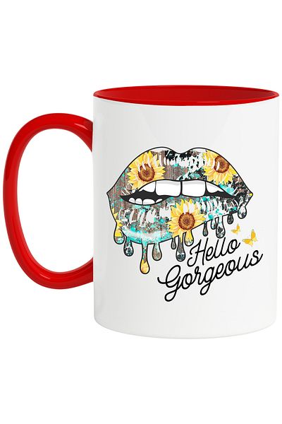 StoryGift Romania Mug with the message "Hello, gorgeous", illustration, good, gorgeous, lips, flowers, With ,STG.