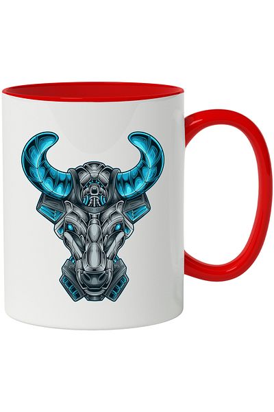 StoryGift Romania Mug With Bull Head, Horns, Robot, SF, Cyberpunk, Cables, Multicolor 330 ml, C, Cu,STG