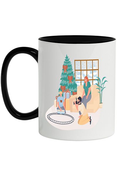 StoryGift Romania Mug With Winter, Christmas, Train, Fir Tree, Family, Multicolor 330 ml, Ceramic with Handles, With ,STG