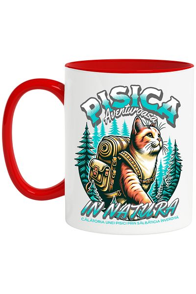 StoryGift Romania Adventurous Cat Mug-In Nature, 330ml, Ceramic with Red Handle, With Red Handle STG,S,STG