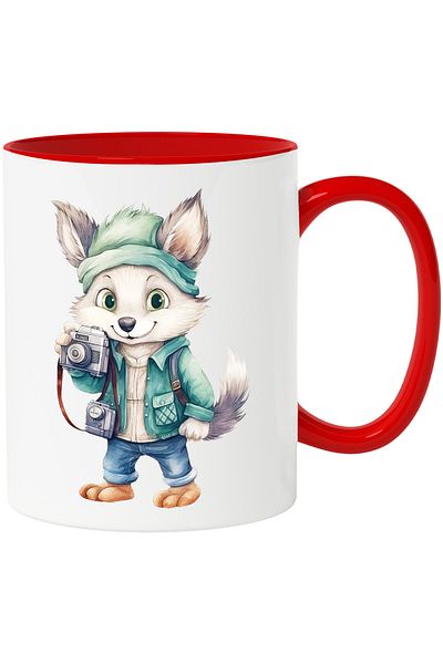 StoryGift Romania Mug with a wolf taking pictures | holding a camera | illustration | ves, Cu,STG.