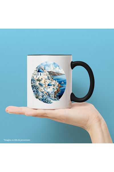 StoryGift Romania Mug With Greece: Buildings, Plants, Mountain, Santorini, City, Multicolor 330 ml, Wax, With ,STG