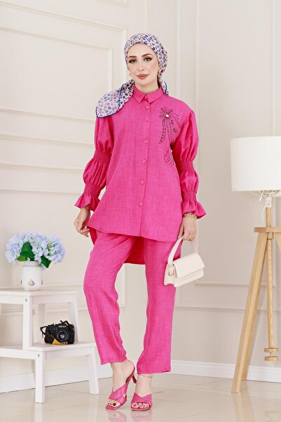 Sevitli Double Suit with Stones on the Front and Elastic Sleeves - Fuchsia