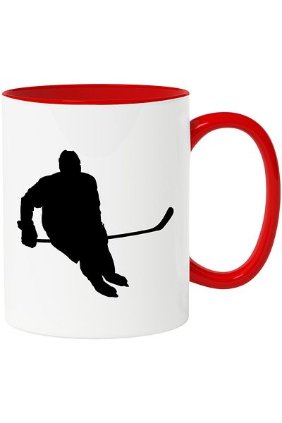 StoryGift Romania Mug with a hockey player skating - stick with Red Handle, Red Handle STG, STG.