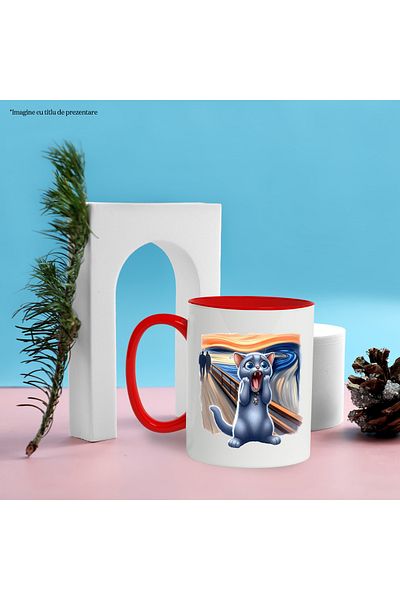 StoryGift Romania Mug with a scared cat, illustration, shocked, amazed, famous painting, water, apple, With ,STG