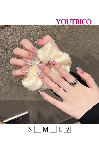 Youtrico 10 Press-on nails,Handmade false nails,Blue-pink gradient,3D diamond,L