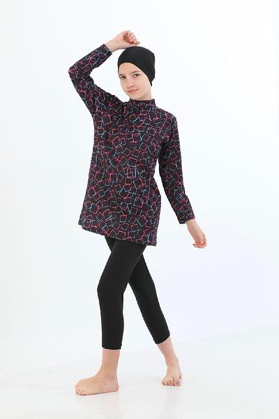 ALİŞ KİDS Girl's Black Colorful Square Pattern Quick Drying Tights Long Sleeve Swimsuit