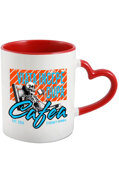 StoryGift Romania Cana Viata incepe Dupa Cafea, 330ml, Ceramica cu Maner Inim...