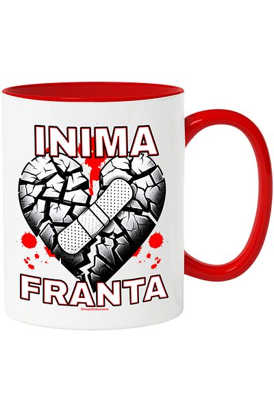 StoryGift Romania FRENCH HEART MUG WITH SAD LOVE PATCHES, 330ml, Ceramic with Red Handle, With Handle, STG