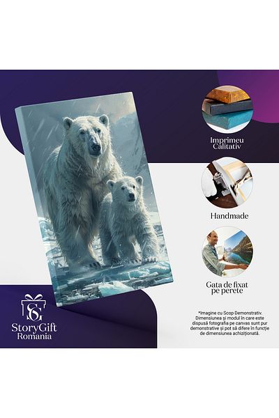 StoryGift Romania Tablou Canvas: Mama Si Puiul , Doi Ursu Polari Suparati Care Stau In Ninsoare Pe Apa Inghetata