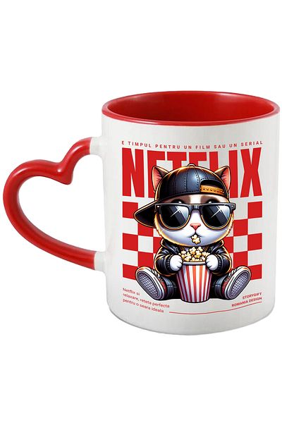 StoryGift Romania Netflix Mug - Cool Cat with Popcorn, Series or Movie, 330ml, Ceramic with Handle, With ,STG.