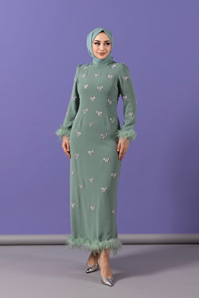 Stilife Kolları Tüy Detay Taş İşlemeli Abiye Mint