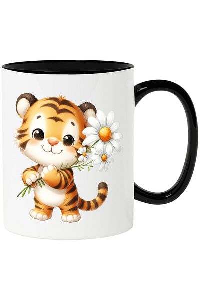 StoryGift Romania Mug with a tiger cub holding some white flowers | illustration | nature | plant, With ,STG