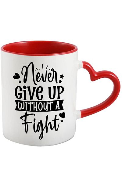 StoryGift Romania Mug with hearts and the message "Never give up without a fight" with Heart Handle, With,STG.
