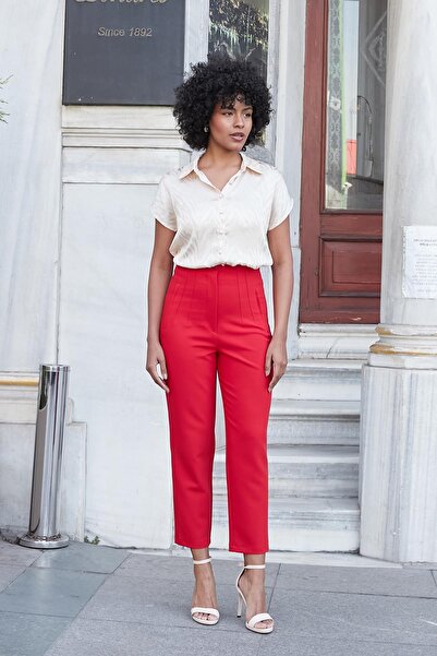 Jument Women's High Waist Relaxed Fit Stylish Office Decorative Pocket Carrot Pants-Red