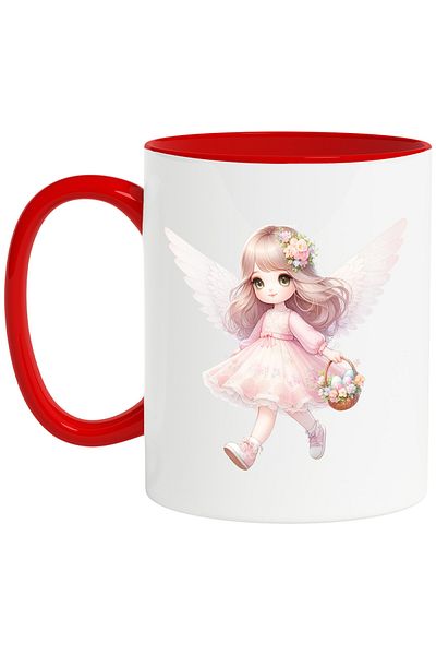 StoryGift Romania Mug with a little girl with angel wings, illustration, flowers in her hair, dress, basket with , With ,STG
