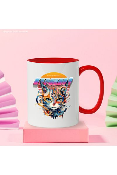 StoryGift Romania Mug With Meow Message, Cat Head, Buildings, RetroWave, Multicolor 330 ml, Ceramics, With ,STG