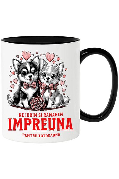 StoryGift Romania Mug with Portrait of a Couple of Dogs with Red Bows Text We Love and Stay Together, What, With, STG