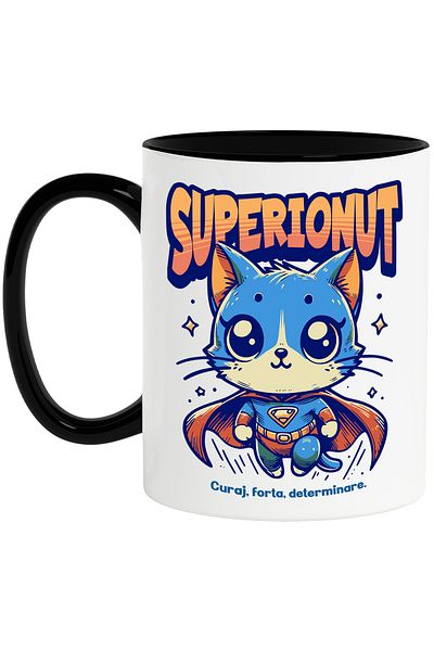 StoryGift Romania Super Ionut Mug, Superhero, Flying Cat, 330ml, Ceramic with Black Handle, With Handle, STG