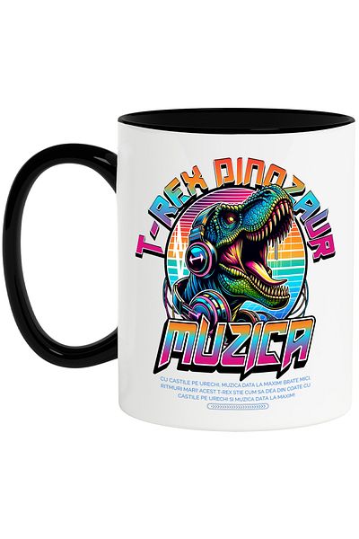 StoryGift Romania T-Rex Dinosaur Mug - Jurassic Music and Headphones, 330ml, Ceramic with Black Handle, With Ma,STG