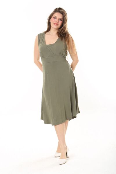 Şans Rochie de damă kaki cu guler înfășurat în spate cu talie elastică fără mâneci din lycra viscoză 65N37872