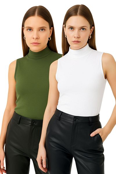 modavingo Women's White Khaki 2-Piece Sleeveless Half Fisherman Body