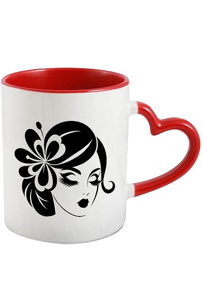 StoryGift Romania Mug with a beautiful woman wearing a flower in her ear with a Red Heart Handle, With Handle, STG