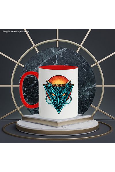 StoryGift Romania Owl Head Mug, Geometric, Rings, Flames, Sun, Multicolor 330 ml, Sky, With ,STG