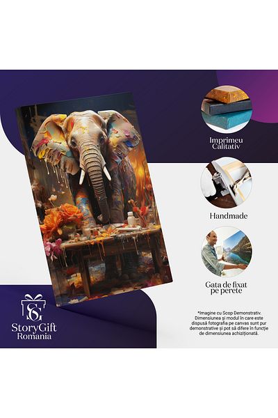 StoryGift Romania Tablou Canvas: Extaz Policrom În Vizualul Elefantului Cu Urechi Culoare Armonie Și Flori Pictur