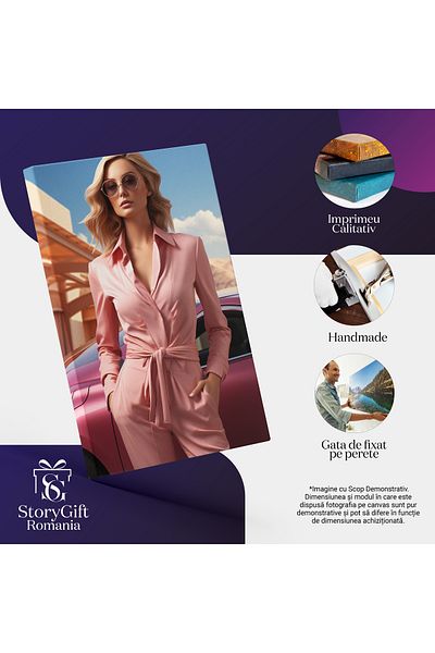 StoryGift Romania Tablou Canvas: Femeie In Salopeta Satin Roz Cu Nasturi Maneca Cu Ruj Nude Si Par Ondulat Pict