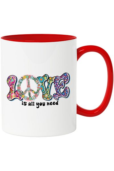 StoryGift Romania Mug with the message "Love is all you need", letters with flowers, peace sign, need, and, With, STG