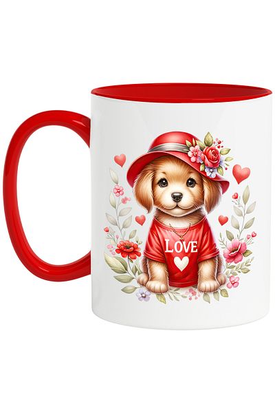 StoryGift Romania Mug with a puppy wearing a red shirt | illustration | hat | flowers | hearts, With ,STG