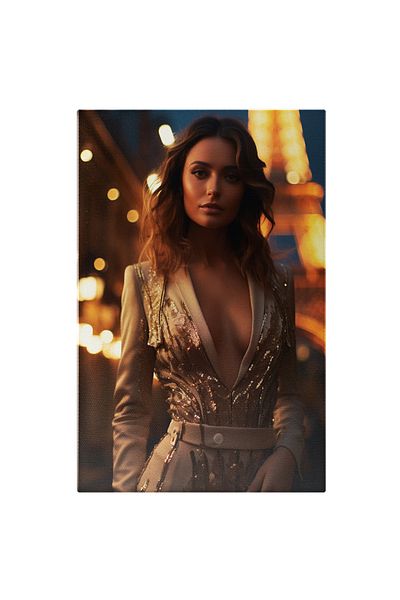 StoryGift Romania Tablou Canvas: Femeie Imbracata In Rochie Bej Cu Model Langa Turnul Eiffel Cu Par Saten Pictur