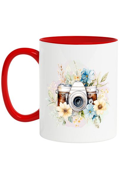 StoryGift Romania Mug with a camera, flowers, illustration, activity, pink background, fire, With ,STG