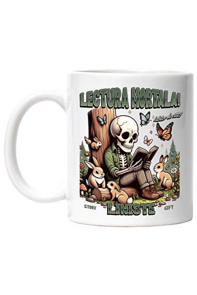 StoryGift Romania Cana Schelete cititnd lectura mortala iubitor de carti, 330ml, Ceramic cu Maner , Cu ,STG