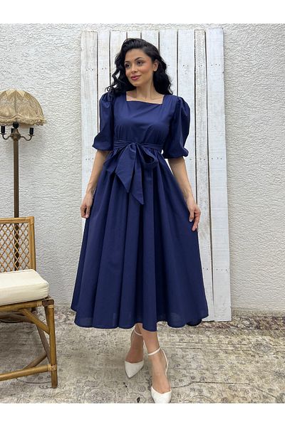 KÜÇÜĞÜM BUTİK Rochie din popelin evazată cu fundă mare, albastru bleumarin